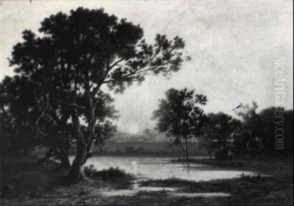 A Wooded River Landscape With A Peasantwoman By A Pond At Sunset - view 1