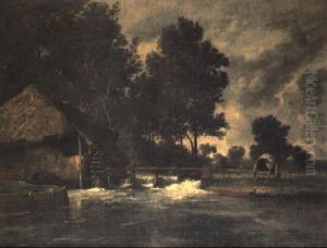 A Cart By A Watermill In A River Landscape by Leon Richet
