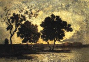 A River Landscape At Dusk by Leon Richet
