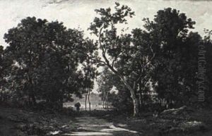 A Wooded Landscape With A Figure Gathering Wood by Leon Richet
