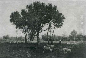 Shepherdess With Her Flock In A Wooded Landscape by Leon Richet