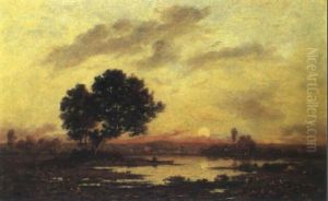 Flusslandschaft In Der Abenddammerung by Leon Richet
