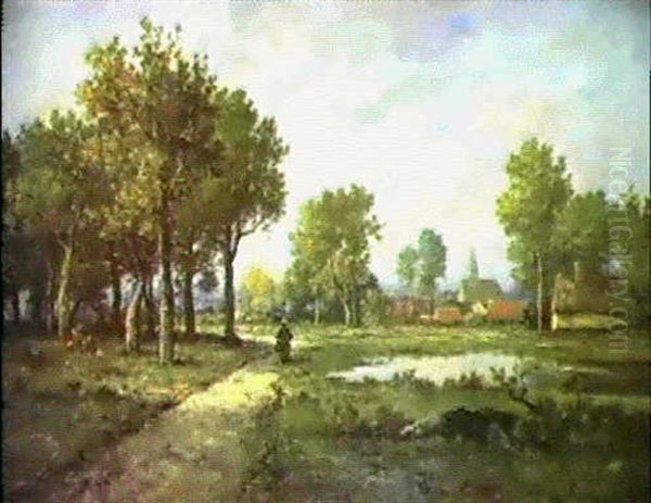 A Figure Before A Village In An Extensive Landscape - view 1