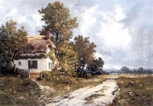 A Thatched Cottage Along A Country Road by Leon Richet