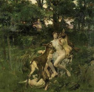 Venus Et Amour Entoures De Satyres Et De Biches by Herman Richir