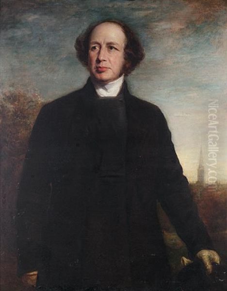 Portrait Of Walter Kerr Hamilton, Bishop Of Salisbury Standing In A Landscape, Salisbury Cathedral Beyond - view 1