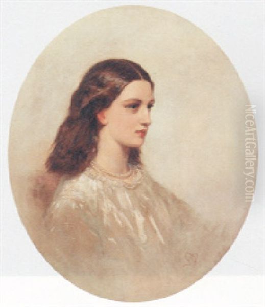 Portrait Of A Lady Wearing A White Dress And Pearl Necklace - view 1