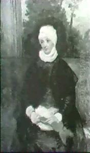 Portrait Of A Lady, Seated Three-quarter Length Wearing A   White Bonnet And Black Dress, Holding A Red Scarf
