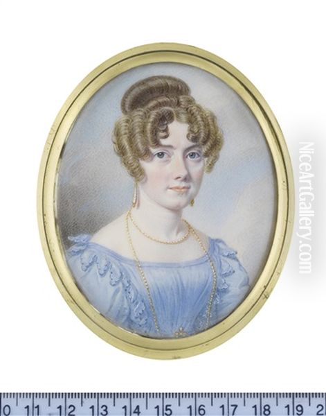 A Lady, Wearing Forget-me-not Blue Decollete Dress, The Bodice Edged With Crenellated Trim, Gold Belt Buckle, Gold Multi-stranded Necklace And Pendent Earrings, Her Hair Parted - view 1