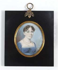 A Lady, Called Mary Jane Peyton, Wearing Blue Dress With White Lace Trim, Pearl Necklace And A Fine Black Cord Pinned To Her Bodice With A Crescent Shaped Brooch by Thomas Richmond