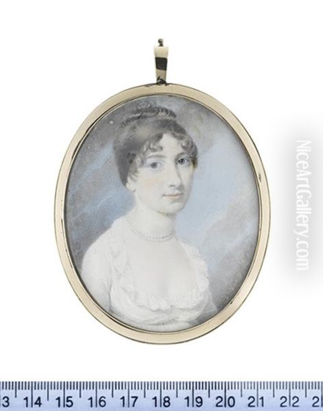 A Lady, Wearing White Dress With Frilled Lace Collar, Double Strand Pearl Necklace, Her Brown Hair Upswept A Length Of Her Hair Wrapped Around Her Head... - view 1