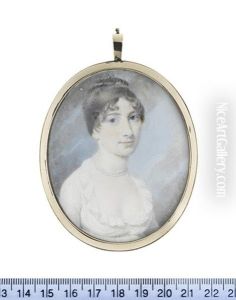 A Lady, Wearing White Dress With Frilled Lace Collar, Double Strand Pearl Necklace, Her Brown Hair Upswept A Length Of Her Hair Wrapped Around Her Head...
