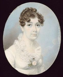 A Lady Wearing White Dress With Layered, Frilled White Collar, A Small Pearl Bordered Brooch And Pink Rose At Her Corsage And Small Gold Hoop Earring