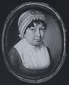 A Lady Wearing Mauve Dress With White Fichu And White Bonnet Dressed With Blue Ribbon