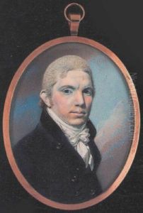 A Gentleman Wearing Blue Coat With Black Collar And Gold Buttons, White Waistcoat And Tied Cravat