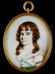 A Young Girl, Her Curled Hair Falling About Her Shoulders, Wearing Turquoise Trimmed White Dress
