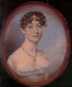 Mary Spencer Wynter In White Decollete Dress With Pale Blue Waistband, Pearl Necklace With Gold And Pearl Crucifix