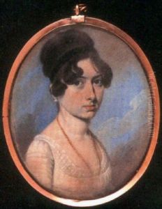 A Lady In White Dress With Lace Neckline, Gold Necklace, Pearl Earrings, A Black Band In Her Upswept Dark Hair
