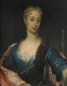 Portratt Av Oidentifierad Dam Ikladd Djupbla Klanning Med Palsbram Och Rod Mantel, Midjebild by David Richter the Younger