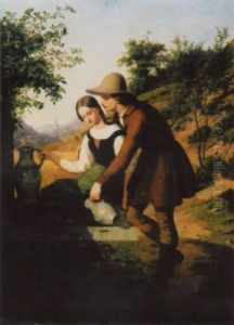 Junges Paar Am Brunnen by Adolf Heinrich Richter