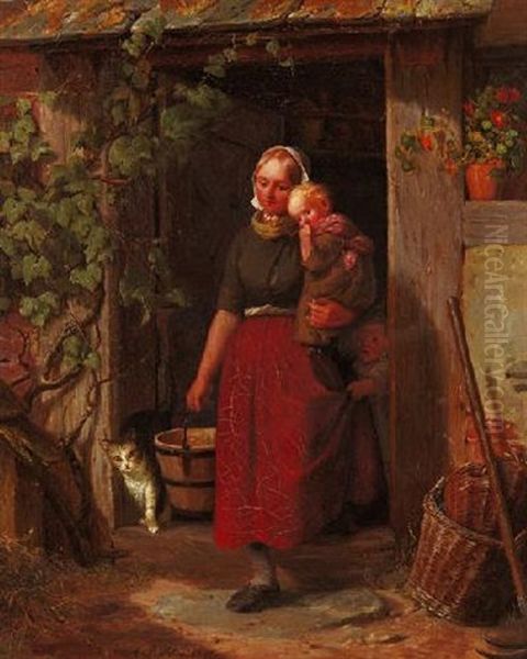 Junge Bauerin Mit Ihren Kindern An Der Eingangstur - view 1