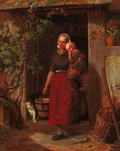 Junge Bauerin Mit Ihren Kindern An Der Eingangstur by Adolf Heinrich Richter
