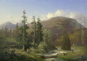 Nordamerikanische Landschaft Mit Trappern, Im Mittelgrund Ein Holzhaus (landschaft In Den Appalachen?)