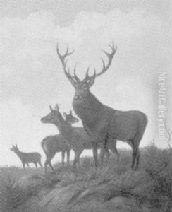 Rotwild In Einer Waldlichtung by Albert (Adolf) Richter