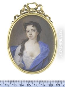 A Lady, Wearing Silver Robe Over Her White Chemise, A Blue Mantle Draped About Her Form, Her Hair Partially Upswept And Falling Over Her Right Shoulder