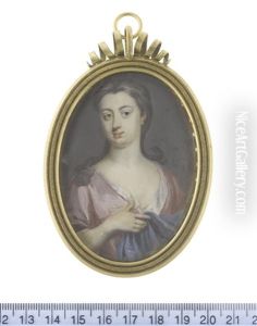 A Lady, Wearing Pink Robe Over Her Open White Chemise, Holding A Blue Mantle In Her Right Hand, Her Hair Partially Upswept And Falling Over Her Shoulders