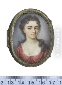 A Lady, Wearing Crimson Robe With White Lace Trim To Her Decollete, Her Dark Hair Partially Upswept And Falling In Curls Over Her Shoulders