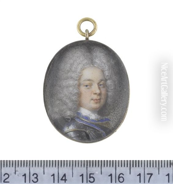 A Gentleman, Wearing Armour, Gold Edged Blue Lining To His Collar And Gardbrace, White Stock And Lace Cravat, His Long Wig Powdered And Curled - view 1