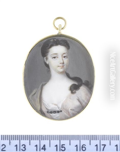 A Lady, Wearing Mauve Robe Fastened With A Cord Of Black Onyx Over Her White Chemise, Olive Green Mantle Draped Over Her Right Shoulder - view 1