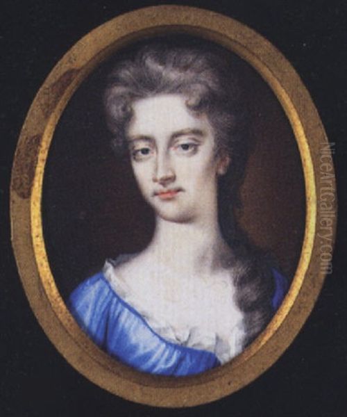 A Lady Wearing A Blue Dress And White Underslip, Her Hair Falling Over Her Left Shoulder - view 1