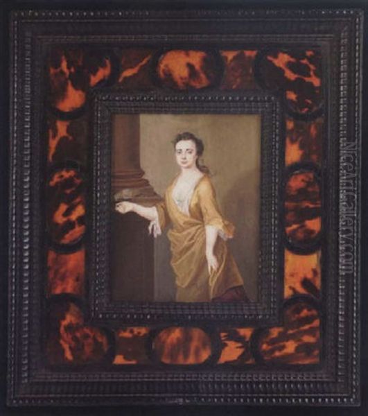 A Young Lady Wearing Ochre-coloured Dress, Maroon Underskirt And White Underslip, A Green Parrot On A Pillar Bends To Her Right Hand - view 1