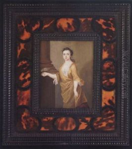 A Young Lady Wearing Ochre-coloured Dress, Maroon Underskirt And White Underslip, A Green Parrot On A Pillar Bends To Her Right Hand by Christian Richter
