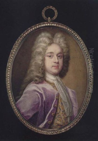 Portrait Of A Gentleman Wearing Powdered Wig, Purple Coat With Gold Buttons, Yellow Waistcoat Embroidered And White Lace Cravat - view 1