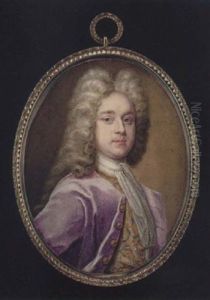 Portrait Of A Gentleman Wearing Powdered Wig, Purple Coat With Gold Buttons, Yellow Waistcoat Embroidered And White Lace Cravat