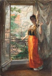 Femme A Sa Fenetre, Portant Une Robe Rouge Et Bleue Femme A Sa Fenetre, Portant Une Robe Rouge Et Bleue