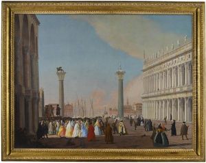 Venice, The Piazzetta Looking South From The Basilica Di San Marco With The Biblioteca And A Crowd Gathered To Watch A Comedia Dell' Arte Performance, The Columns Of San Marco And San Theodoro, The Isola Di San Giorgio Maggiore And The Giudecca Beyond