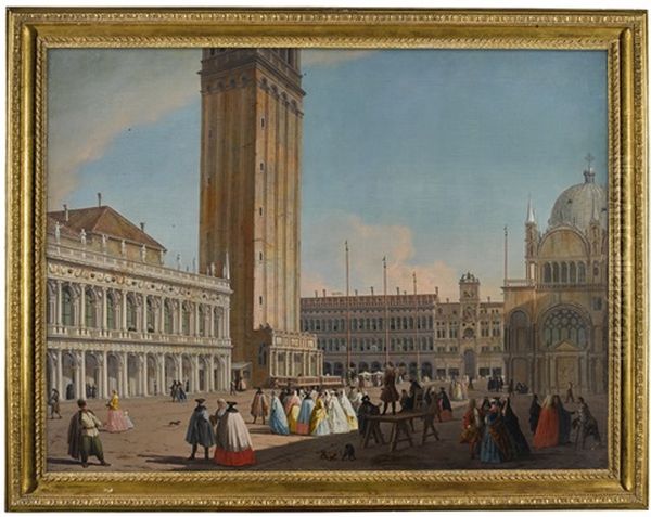 Venice, The Piazzetta Looking North-west Towards The Campanile, With The Biblioteca, The Procuratie Vecchie, The Torre Dell'orologio And Numerous Figures In Carnival Costume And A Man In Polish Dress - view 1