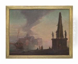 A Venetian Capriccio With Figures By The Water
