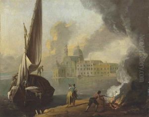 San Michele, Venice, With A Boat Docking And Figures Lighting A Fire On The Shore In The Foreground San Michele, Venice, With A Boat Docking And Figures Lighting A Fire On The Shore In The Foreground