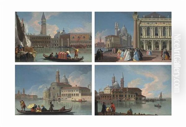 Four Views Of Venice: The Molo From The Bacino Di San Marco, With The Zecca, Campanile And Palazzo Ducale; The Piazzetta Looking Towards The Libreria Sansoviniana, The Punta Della Dogana And Santa Maria Della Salute; The Isola Di San Bi by Giovanni Richter