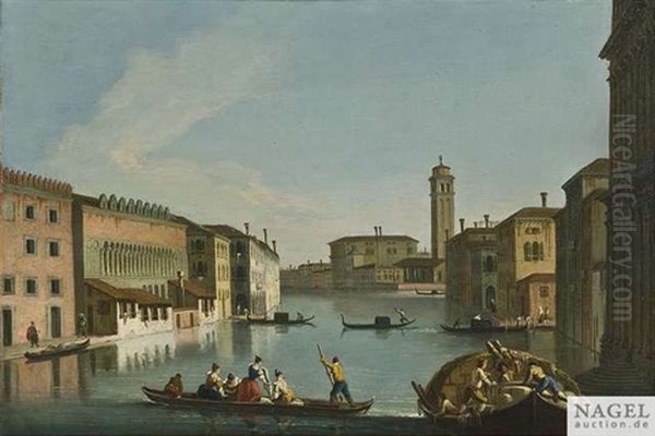 Venedig. Der Fondaco Dei Turchi Am Canal Grande Mit Traghetti Sowie Der Kirche Und Dem Campanile Von San Geremia - view 1