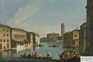 Venedig. Der Fondaco Dei Turchi Am Canal Grande Mit Traghetti Sowie Der Kirche Und Dem Campanile Von San Geremia