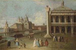A View Of The Piazzetta, Venice, With The Columns Of Saints Mark And Theodore And The Library, The Entrance To The Grand Canal With The Punta Della Dogana...