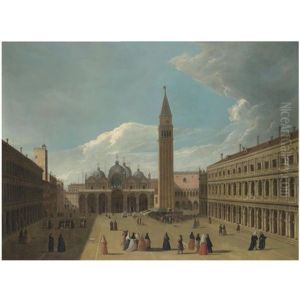 Venice, A View Of The Piazza San Marco, With Figures Gathered Round An Artist Painting A Portrait On A Stage by Giovanni Richter