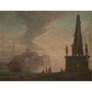 A Capriccio View Of The Venetian Lagoon With San Giorgio Maggiore Seen From The Bacino Di San Marco, Figures In Oriental Dress Standing On A Quay Beside An Obelisk Adorned With Statues by Giovanni Richter