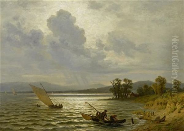 Fischerpaar In Einem Boot In Einer Weiten Kustenlandschaft - view 1